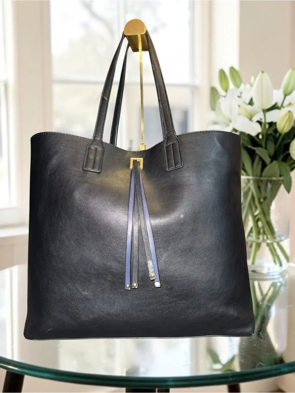 Black and Blue Reversible Tote with Bag Charm